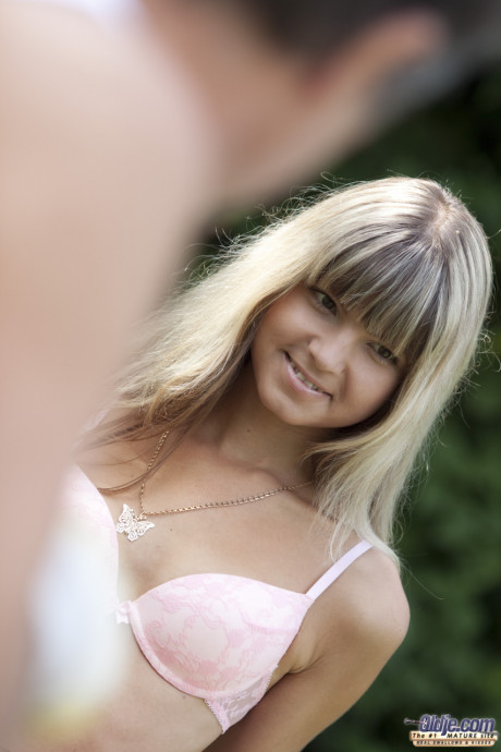 Slim cutie Gina Gerson exposes her small boobs and takes an mature gardener's rod - #1151348