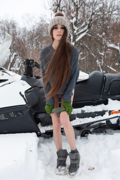 Russian young Leona Mia shows her cute snatch & natural melons while snowmobiling - #189502