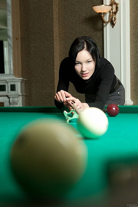 Beautiful charming babe Loreen A unveils her juggs and fine butt on a billiard table - Image 3 of 21  in Model category   featuring Loreen A 