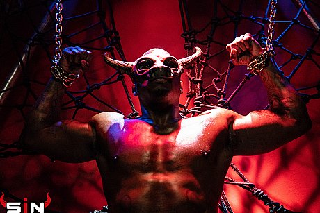 Devilish chicks sharing a tied up ebony guy monster dong in a BDSM gangbang - Image 1 of 15  in Ass category   featuring Kitty Jaguar 