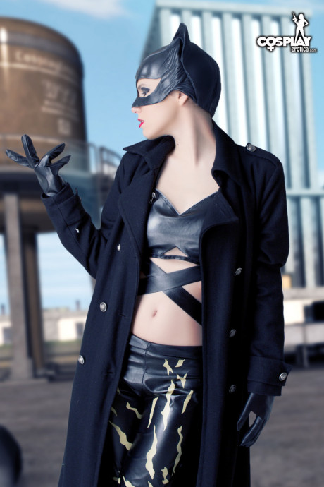 Ravishing lady GF girl gets naked in a leather Catwoman hood on a rooftop - #1338723