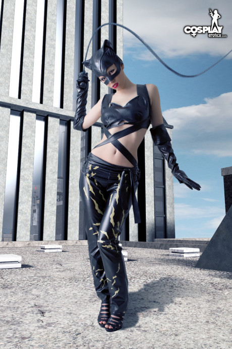 Ravishing lady GF girl gets naked in a leather Catwoman hood on a rooftop - #1338724