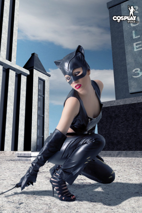 Ravishing lady GF girl gets naked in a leather Catwoman hood on a rooftop - #1338725