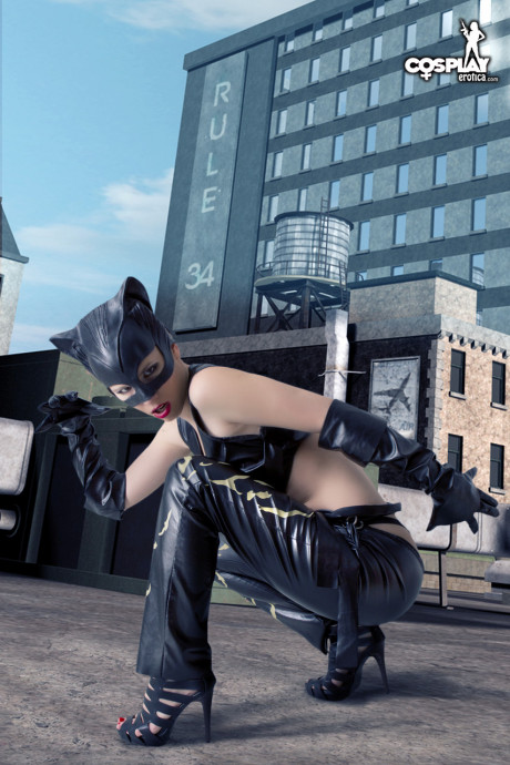 Ravishing lady GF girl gets naked in a leather Catwoman hood on a rooftop - #1338727