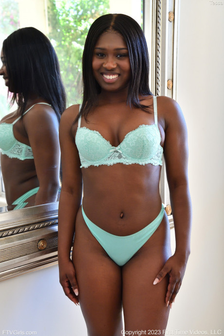 Sexy ebony babe Tessa stripping and masturbating in front of the mirror - #1211162