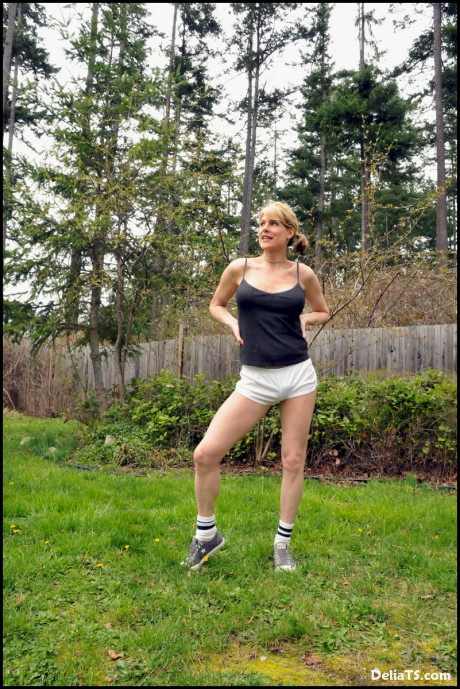 Transsexual she meat pokes out of tiny white soccer shorts - #637492