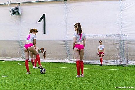Petite teenie soccer players undressing and rubbing each other's muffs