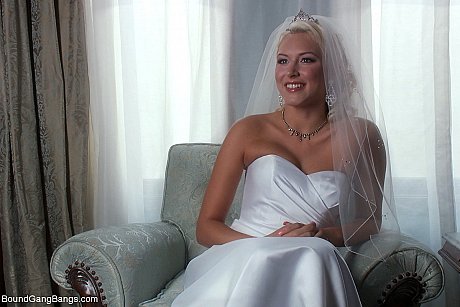Yellow-haired bride Katie Summers gets tied up during an interracial threesome