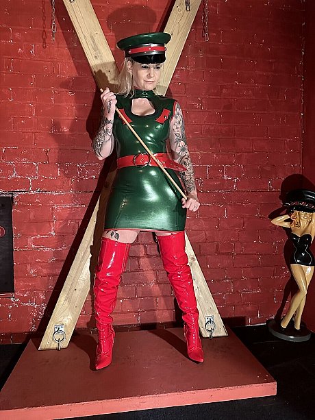 Tattooed blonde uncovers her massive breasts in a latex dress and matching cap - Image 9 of 16  in Amateur category   featuring Inked MILF 