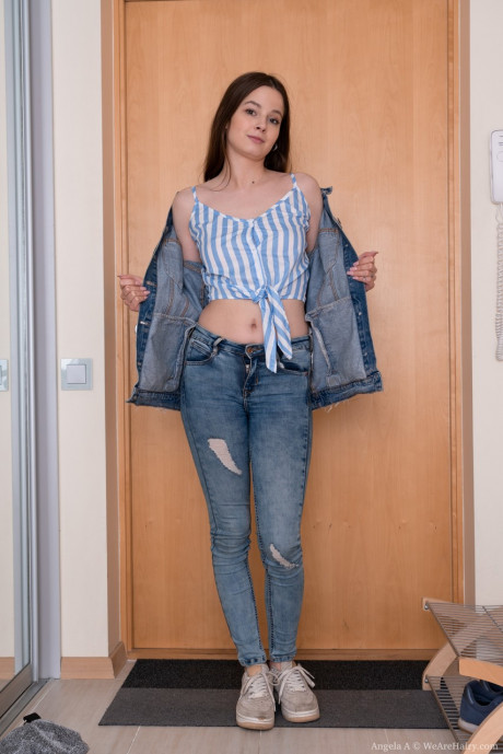 Stunning college young in denim Angela A strips naked to show her silky muff - #286402