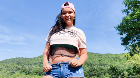Chubby teenie Sofia Lee frees her gigantic natural boobs from a bikini in the outdoors - #185250