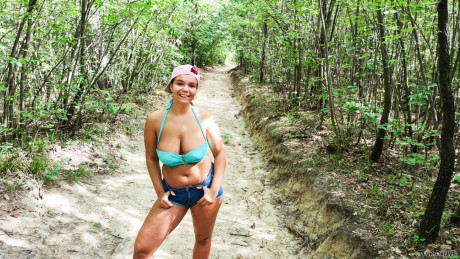 Chubby teenie Sofia Lee frees her gigantic natural boobs from a bikini in the outdoors - #185262