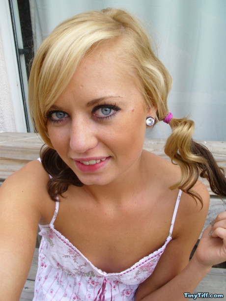 Beautiful charming blondie Tiny Tiff shows her teensy boobs & flashes a naked upskirt - #312439