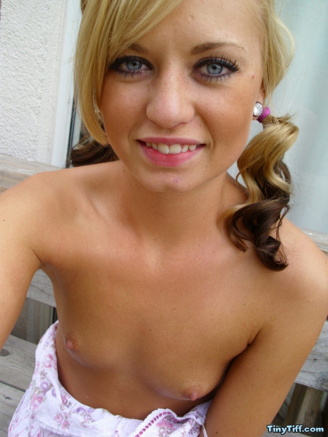 Beautiful charming blondie Tiny Tiff shows her teensy boobs & flashes a naked upskirt - #312452