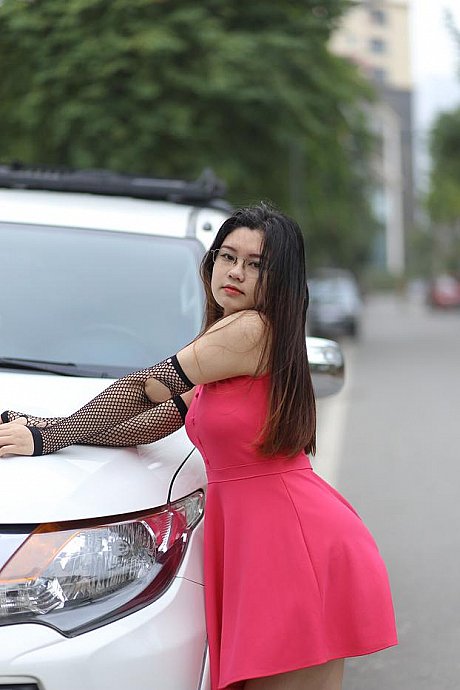 Adorable oriental model with glasses Natalia poses in her ravishing dress outside - Image 1 of 21  in Outdoor category  