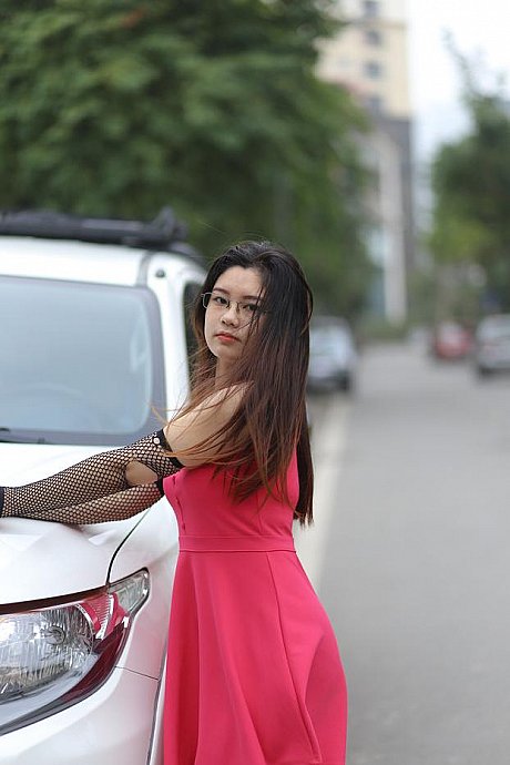 Adorable oriental model with glasses Natalia poses in her ravishing dress outside - Image 3 of 21  in Outdoor category  