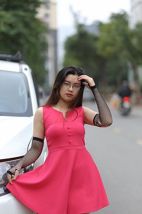 Adorable oriental model with glasses Natalia poses in her ravishing dress outside - Image 6 of 21  in Outdoor category  