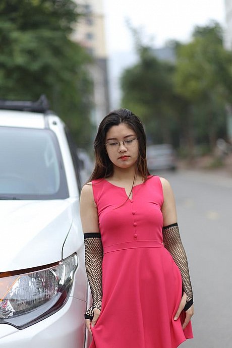 Adorable oriental model with glasses Natalia poses in her ravishing dress outside - Image 7 of 21  in Outdoor category  