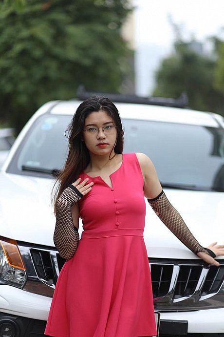 Adorable oriental model with glasses Natalia poses in her ravishing dress outside - Image 11 of 21  in Outdoor category  