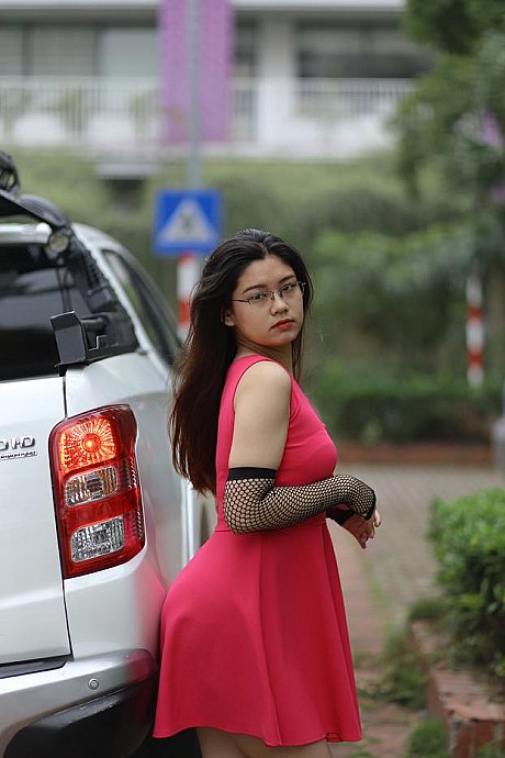 Adorable oriental model with glasses Natalia poses in her ravishing dress outside - Image 16 of 21  in Outdoor category  