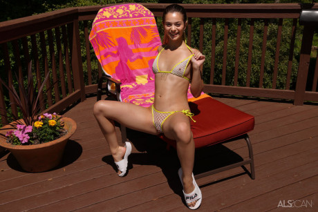 Brunette teenie Molly Little doffs her bikini before dildoing her twat on a deck - #995716