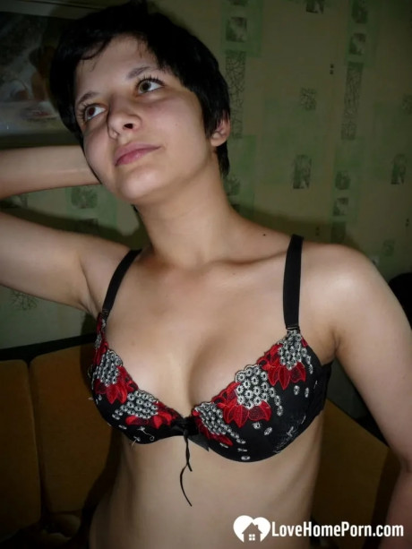 Short-haired babysitter shows her tiny tits & rubs her snatch to get the job - #1330262