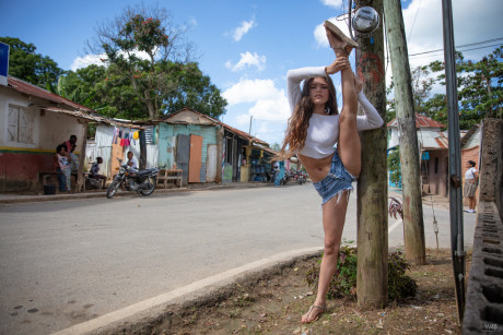 Fine lovely young in denim shorts Irene Rouse stretches her long legs chunky in public - #1464603