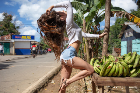Fine lovely young in denim shorts Irene Rouse stretches her long legs chunky in public - #1464612