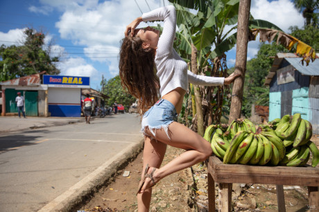 Fine lovely young in denim shorts Irene Rouse stretches her long legs chunky in public - #1464613