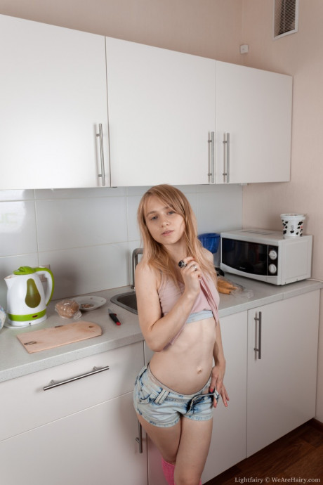Little seductress Lightfairy strips in the galley & shows her furry muff - #1304491