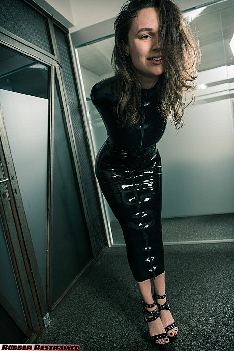 Brunette bitch lady Ropemarks shows her unprotected booty while restrained in latex attire - Image 5 of 16  in High Heels category   featuring Ropemarks 