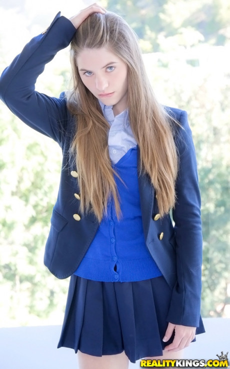 Long-haired teenage sweety Alice March gets rid of her uniform and panties - #1542900