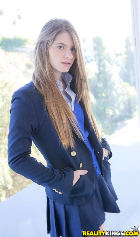 Long-haired teenage sweety Alice March gets rid of her uniform and panties - #1542901
