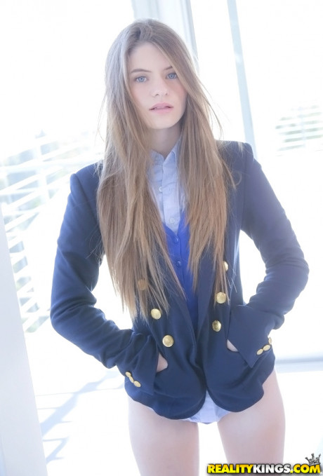 Long-haired teenage sweety Alice March gets rid of her uniform and panties #83380
