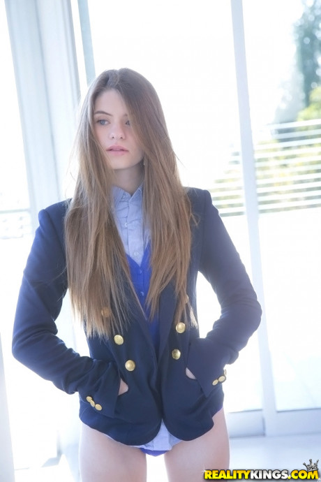 Long-haired teenage sweety Alice March gets rid of her uniform and panties - #1542904