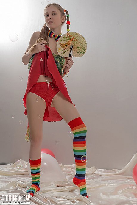 Thin teenie bitch girlfriend lady in pigtails and multi-colored socks takes off her clothes - Image 5 of 20  in Pussy category   featuring Catalina 
