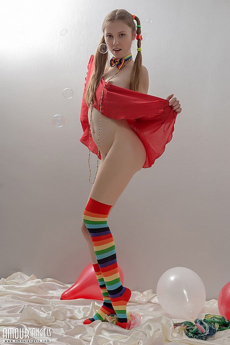Thin teenie bitch girlfriend lady in pigtails and multi-colored socks takes off her clothes - Image 12 of 20  in Pussy category   featuring Catalina 