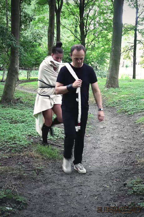 Young teen brunette slave is disciplined and hammered in the forest by her Master - #1384488