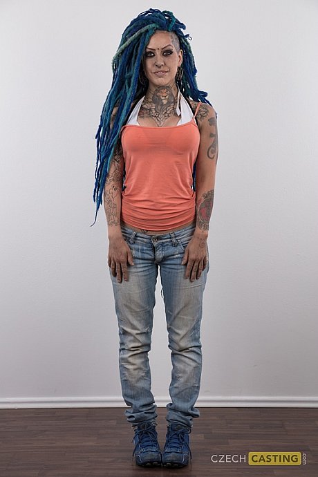 Punk lady girl lady with a headful of dyed dreads stands naked in her modelling debut - Image 2 of 20  in Amateur category   featuring Lady Blue 