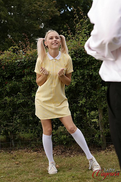 Charming blondie Chloe Toy exposes her panties while a hubby man dude jerks off - Image 1 of 17  in Outdoor category  