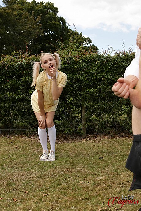 Charming blondie Chloe Toy exposes her panties while a hubby man dude jerks off - Image 8 of 17  in Outdoor category  