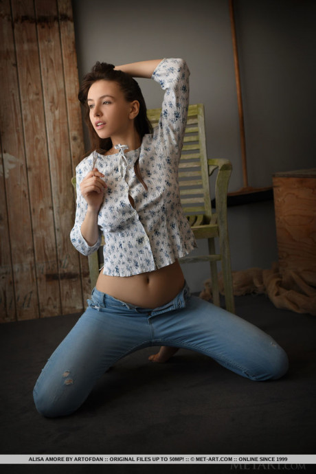 Attractive brunette young Alisa Amore removes blue jeans on way to modeling undressed - #92784