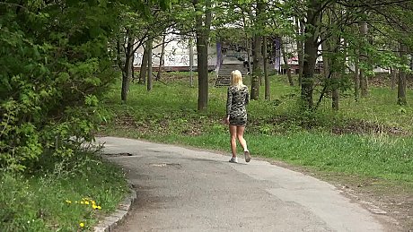 Caucasian lady girl woman with blondie hair Nykla takes a piss upon a paved road - Image 15 of 15  in Outdoor category   featuring Nykla 