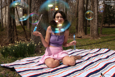 Lovely brunette Corra Cox blows soap bubbles before masturbating with toys - #1005333