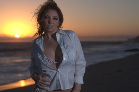 Middle-aged woman Kiki Daire models a blouse and bikini on a beach at sunset - #170201