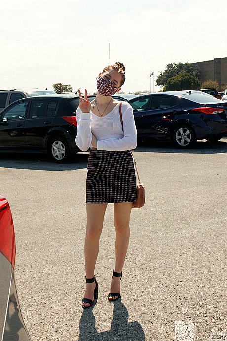 Sexy babe Myra Glasford flashes her ass and melons before stripping in a car - Image 1 of 12  in Skirt category   featuring Myra Glasford 