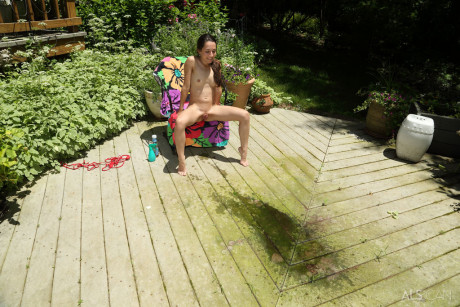Petite teenie skank gf broad Freya Von Doom takes a piss on the patio after fisting her snatch - #827831
