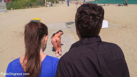 Undressed lady GF girl is paraded along the beach and city streets by a couple - #837936