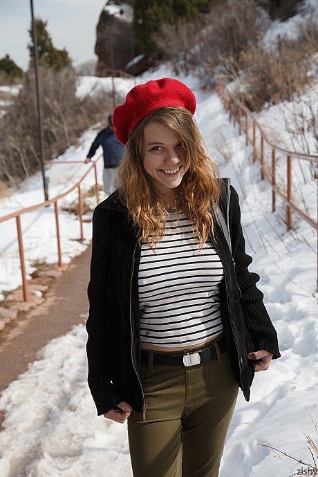 Amateur teen Hilary Craig exposes her breasts and squeezes them on a winter day - Image 1 of 11  in Outdoor category   featuring Hilary Craig 