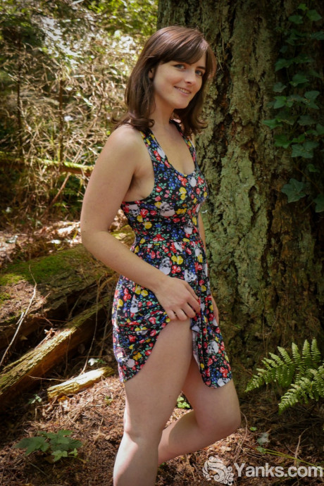 Partially clothed white whore broad Raven Snow flashee her furry bush in the forest - #919605
